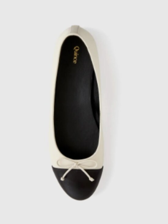 Quince Shoes - Italian Leather Cap-Toe Ballet Flat - Bone/Black